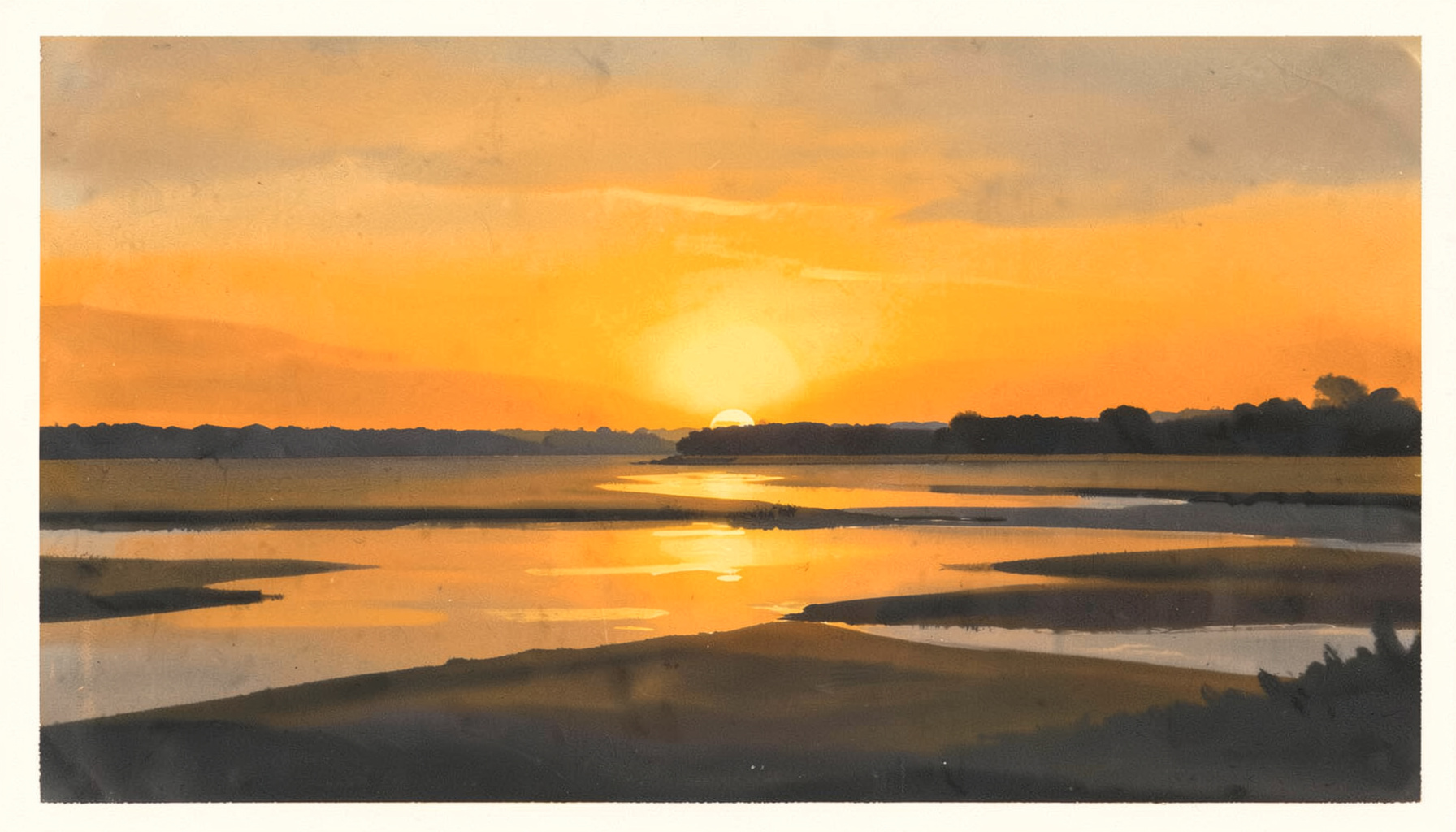 A matte gouache poster painting of a warm golden sunrise over a broad riverbank, with soft amber and charcoal-gray tones